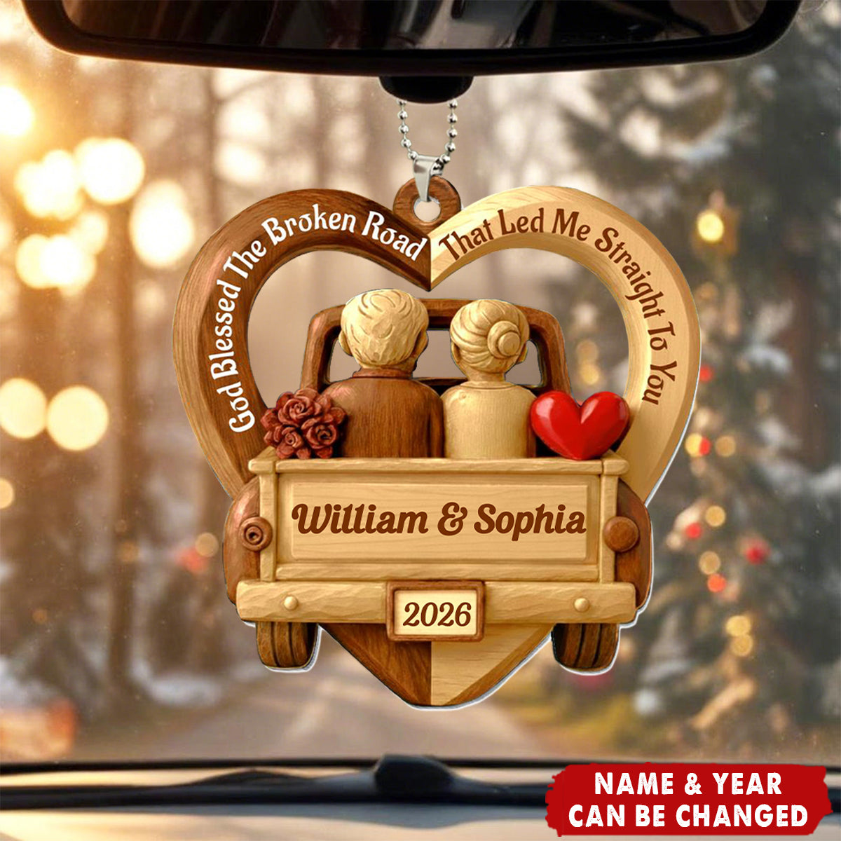Personalized God Blessed The Broken Road Car Ornament With Quote & Names & Year | Unique Anniversary Valentine's Day Gift For Couples & Soulmates