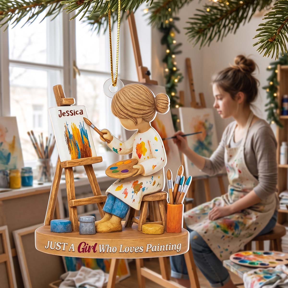 Girl Painting at an Easel - Personalized Christmas Acrylic Ornament For Artist