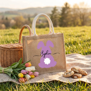 Personalized Easter Bunny Jute Tote Bag With Name - Perfect for Kids Egg Hunts & Spring Celebrations