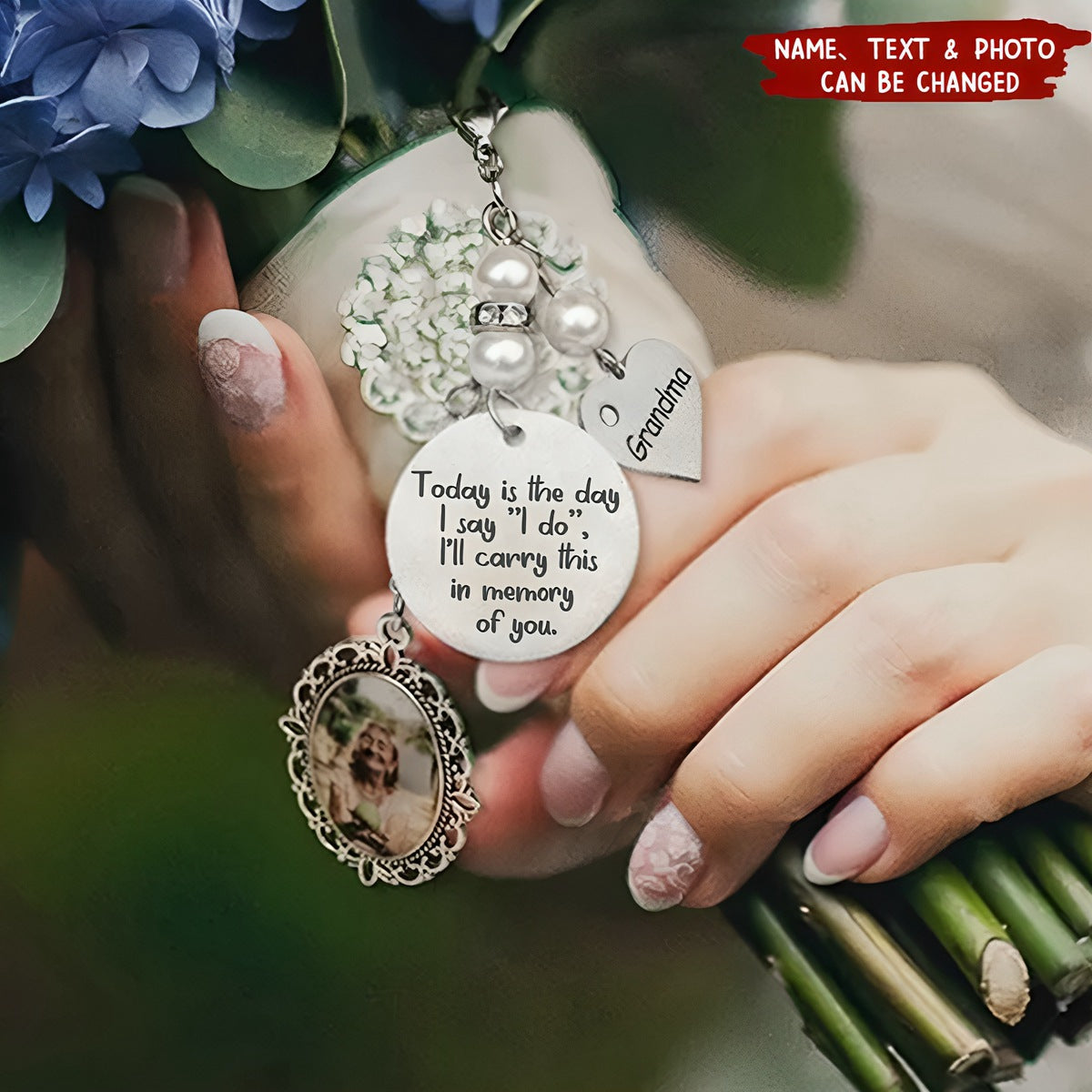 Customizable Bridal Bouquet Charm - Oval Lace Photo Locket with Heart Engraved Pendant, Personalized Wedding Memorial Jewelry for Sentimental Brides