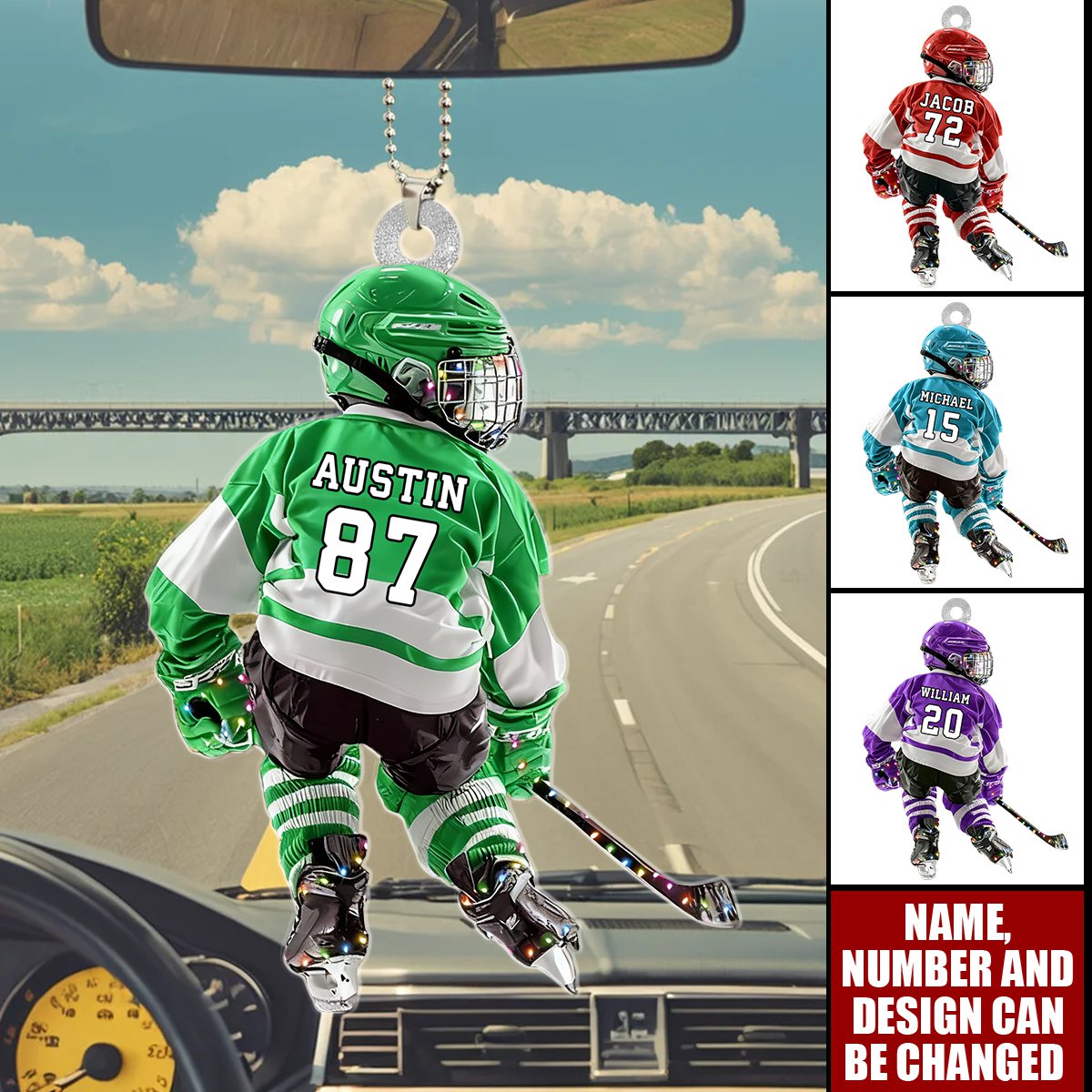Personalized Hockey Player Car Ornament With Color Name & Jersey Number | Elite Gift For Players Hockey Lovers