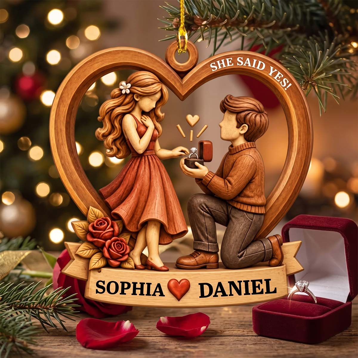 She Said Yes - Personalized Heart Acrylic Ornament Romantic Christmas Gift For Newly Engaged Couples