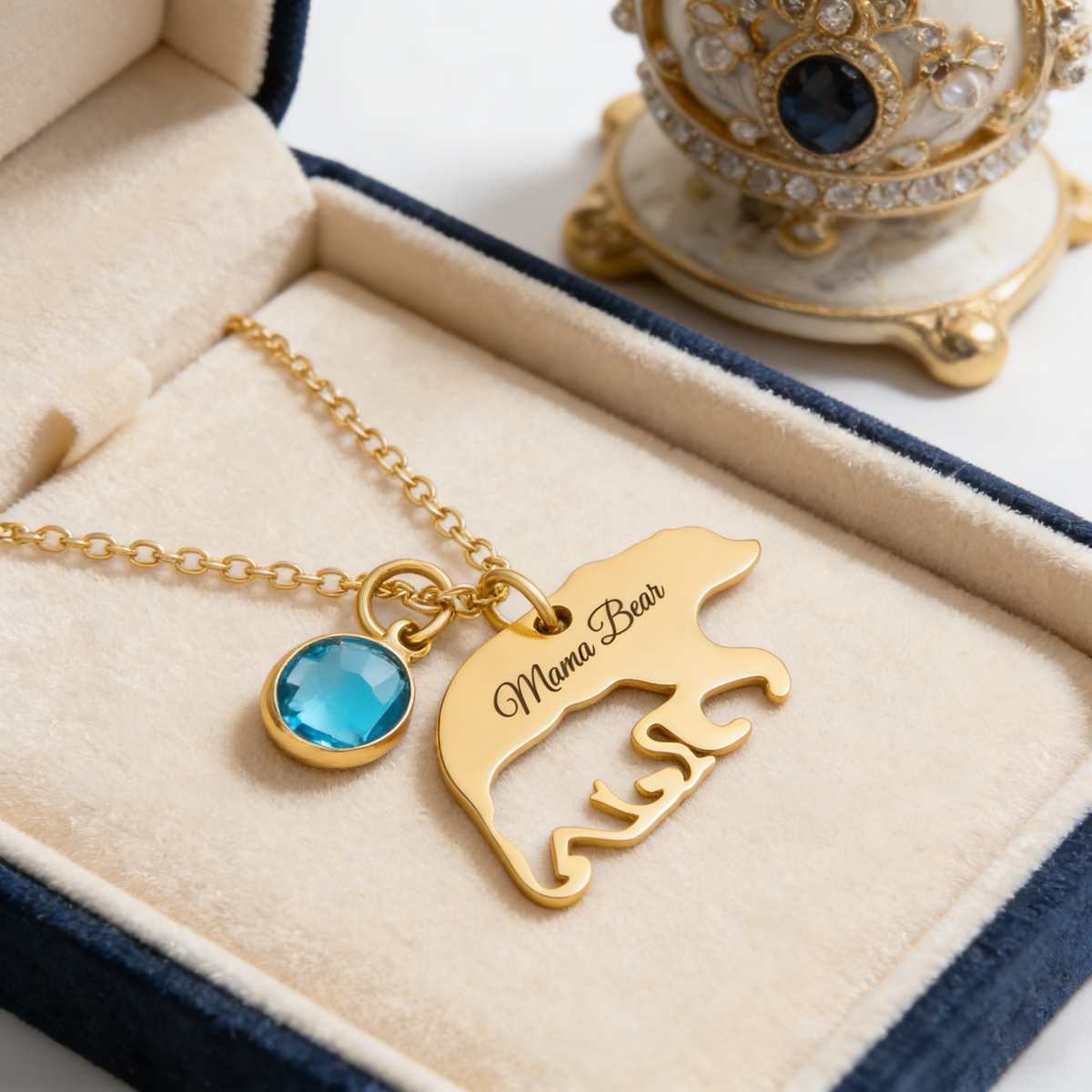 Personalized Cut-out Mama Bear Pendant Necklace With Birthstone - Mother's Day Gift For Mom & Grandma