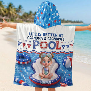 Personalized Kids Hooded Beach Towel With "Life Is Better At Grandma Pool" | Kids 4th Of July Pool Gift