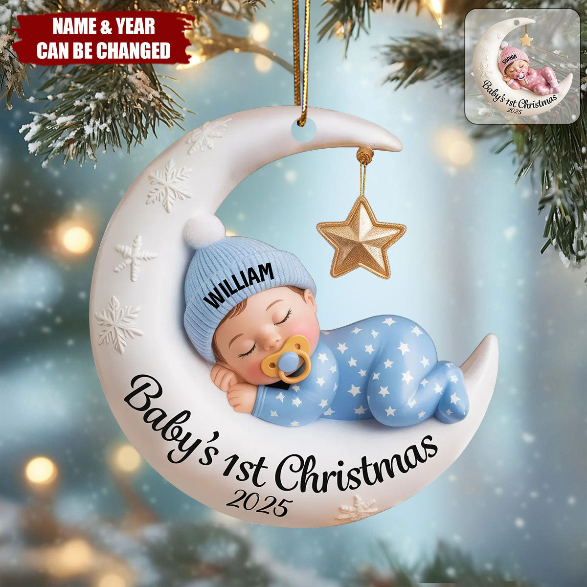 Personalized Moon Baby 1st Christmas Ornament With Name & Year Baby Shower Gift For Family