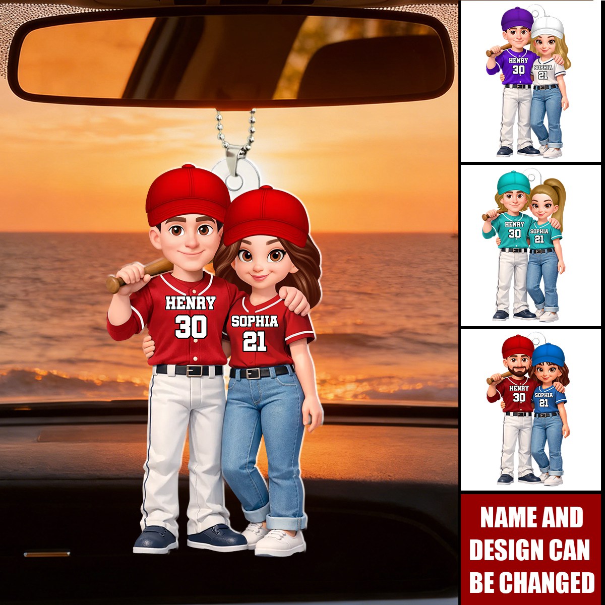 Personalized Baseball Couple Car Hanging Ornament With Names & Numbers & Icons | Anniversary Valentine's Day Gift For Baseball Lovers & Couples