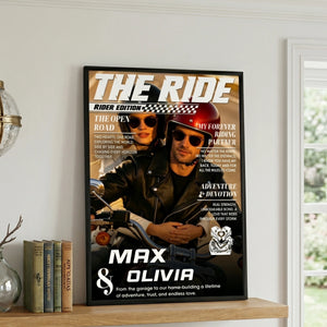 Custom Name & Photo Motorcycle Magazine Cover Poster | Personalized Biker Couple Canvas Art Gift