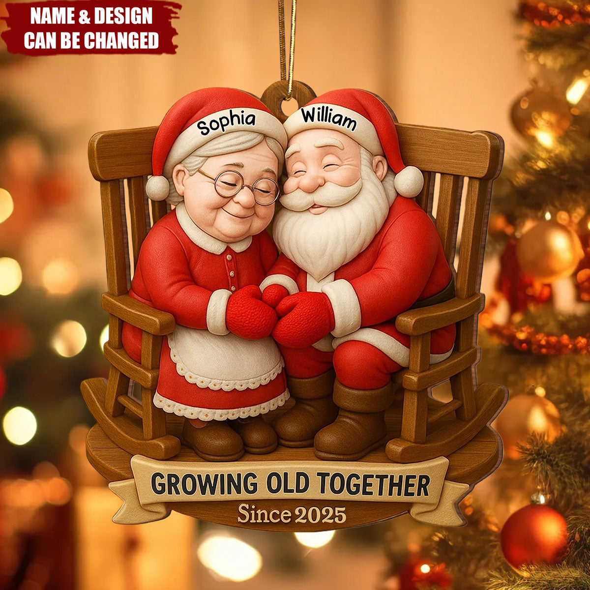 Personalized "Growing Old Together" Santa Couple Rocking Chair Ornament With Names & Year | Xmas Golden Anniversary Gift For Grandparents & Couple