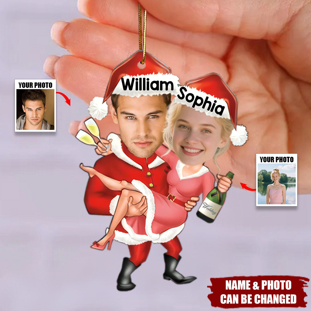 Personalized Christmas Ornament Santa Carrying Miss Claus Celebration With Names & Photo "Love Decor" For Couple Newlyweds