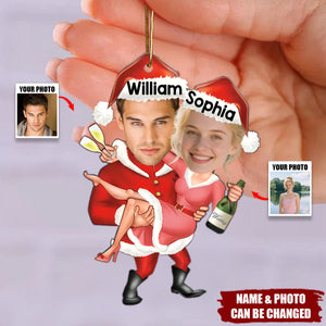 Personalized Christmas Ornament Santa Carrying Miss Claus Celebration With Names & Photo "Love Decor" For Couple Newlyweds