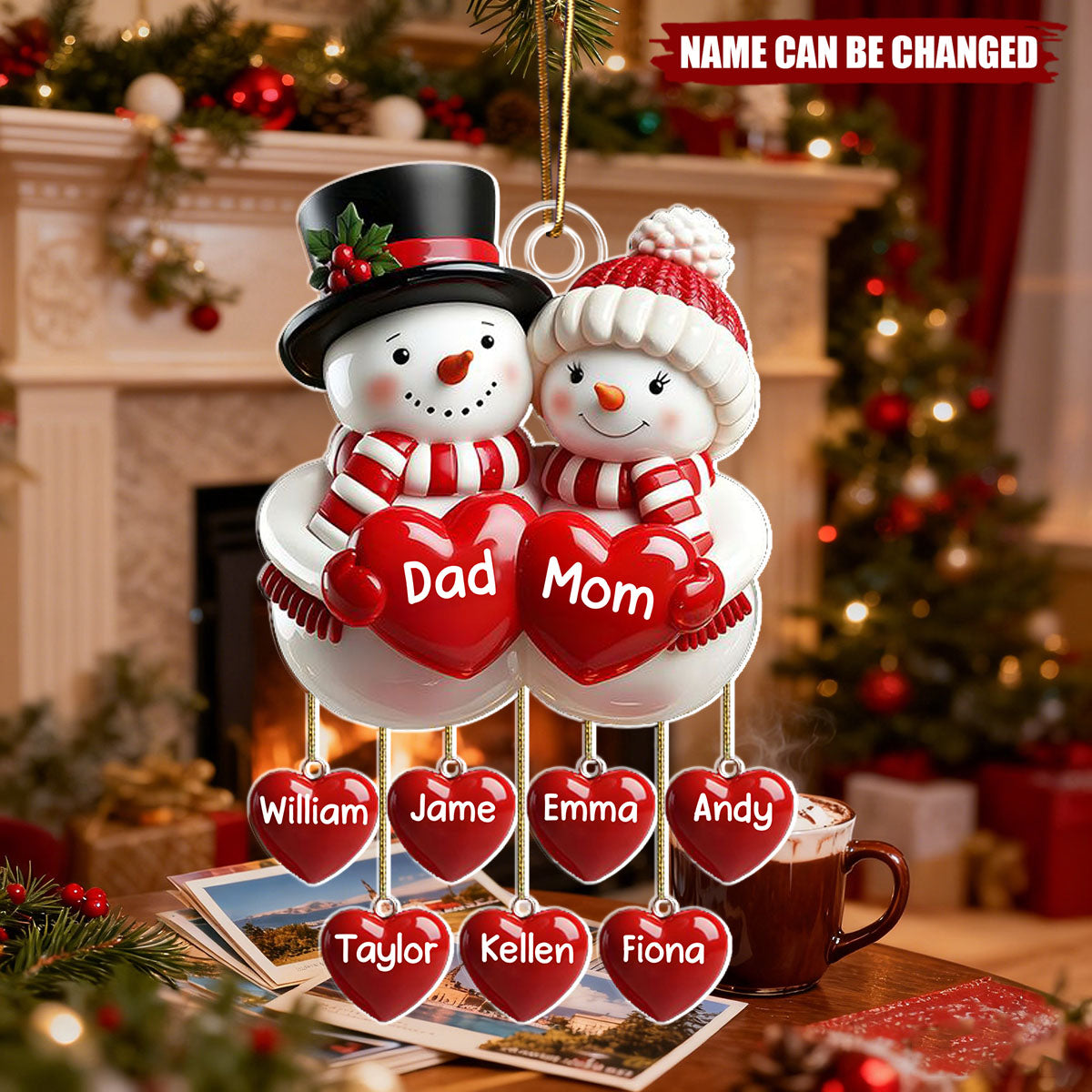 Personalized Acrylic Snowman Christmas Decoration With Hanging Heart With 1-10 Kids Name - Perfect Christmas Gift For The Family