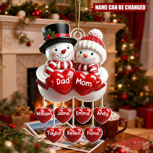 Personalized Acrylic Snowman Christmas Decoration With Hanging Heart With 1-10 Kids Name - Perfect Christmas Gift For The Family