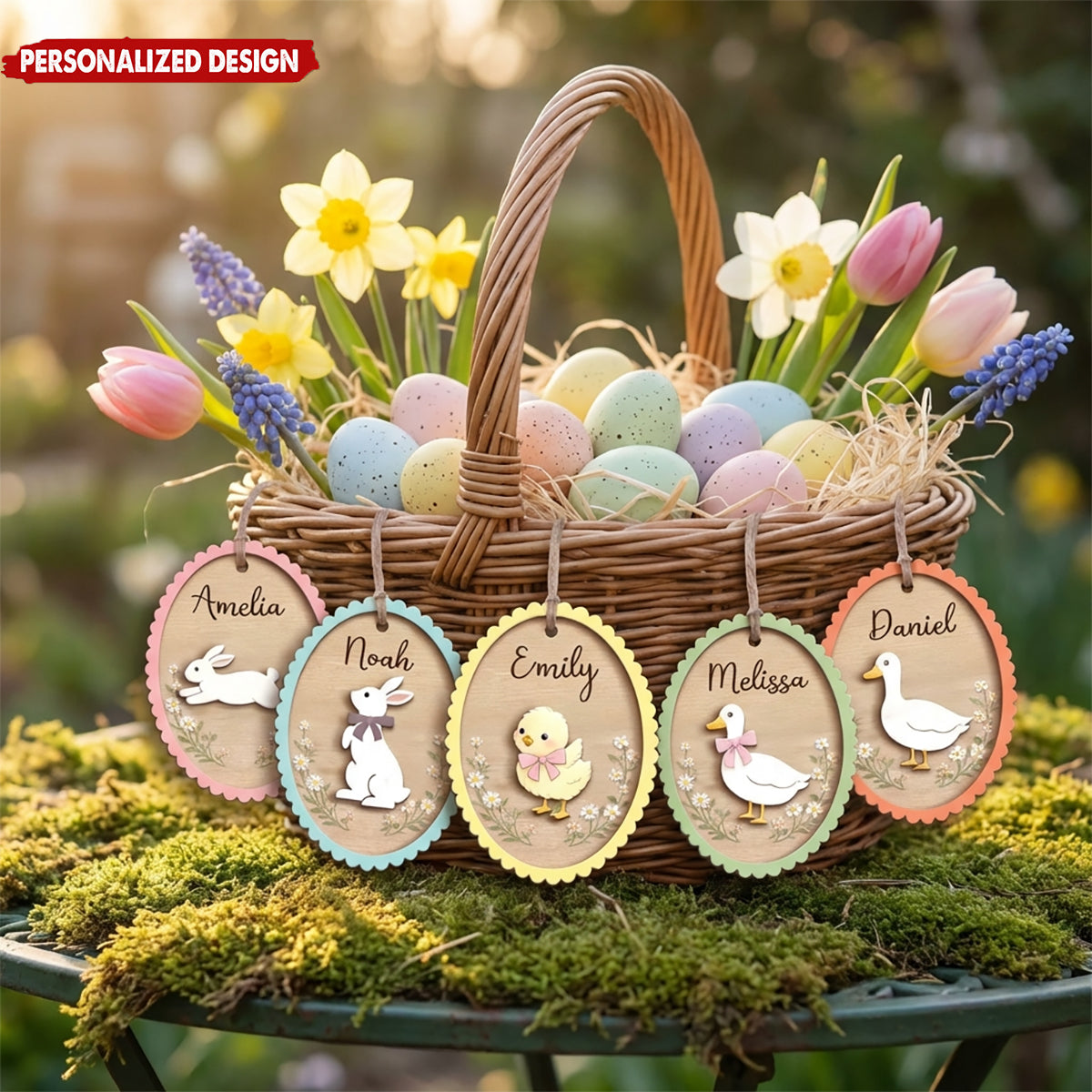 Personalized Easter Basket Tag With Name - Bunny, Duck, Chick Design - Spring Easter Egg Hunt Gift For Kids