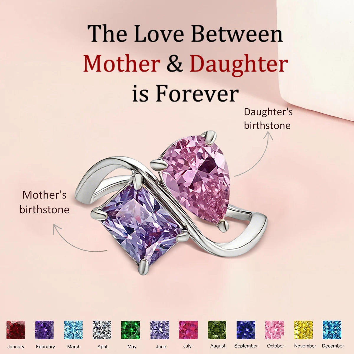 Mother & Daughter Double Birthstones Infinity Bonds Ring