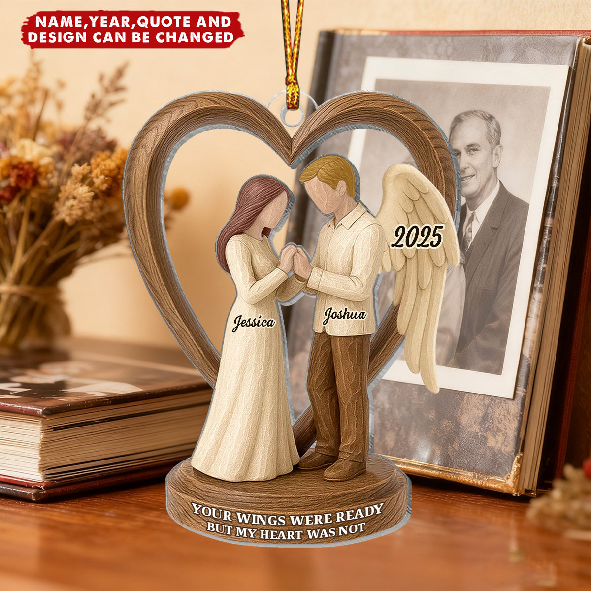 Personalized Couple Memorial Wooden Figurines Acrylic Ornament With Names & Year & Quote & Design | Sympathy Gift For Lost Loved Ones