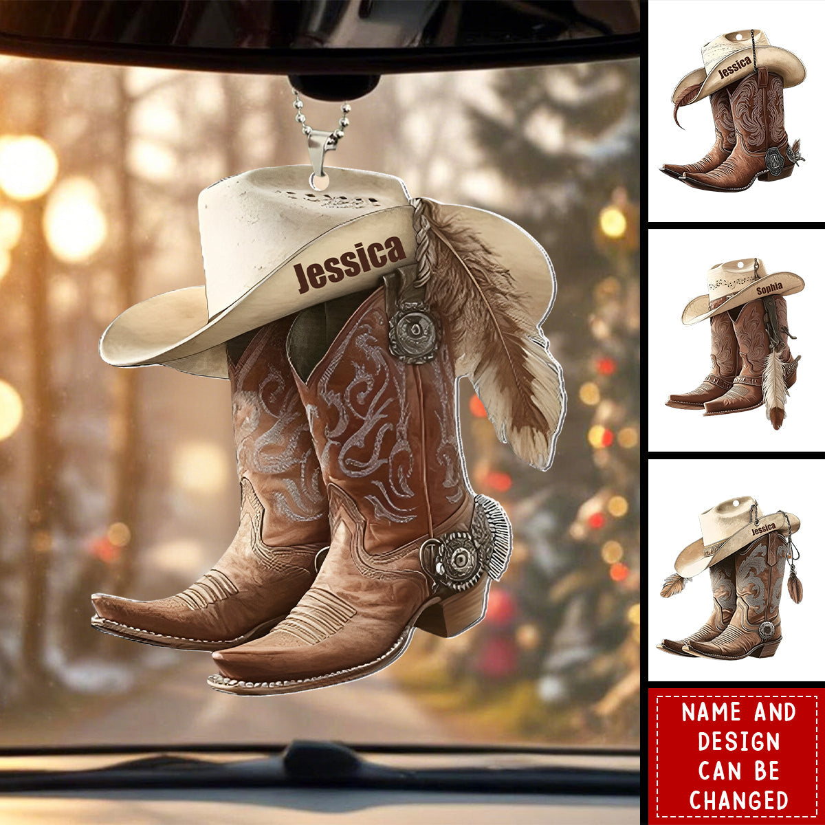Personalized Western Boots & Hat Car Ornament With Name & Style Selection | Road Trip Accessory For Cowgirl Cowboy
