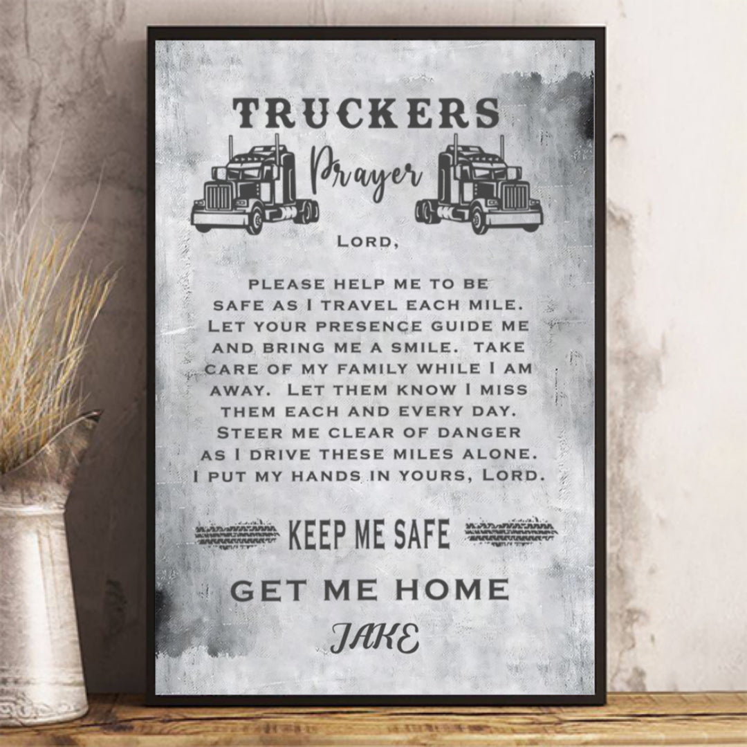 Personalized Driver Name Canvas Poster Sign With Truckers Prayer For Husband Birthday Gift