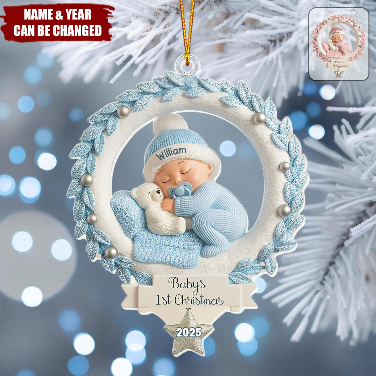 Personalized "Baby's 1st Christmas" Wreath Ornament With Name & Year & Color - Heartfelt Xmas Gift For New Parents & Family