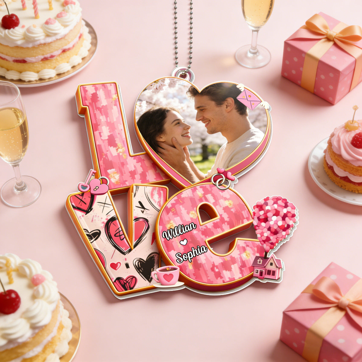 Personalized Couple "LOVE" Heart Car Ornament With Photo & Names | Sweet Valentine's Day Surprise For Couple