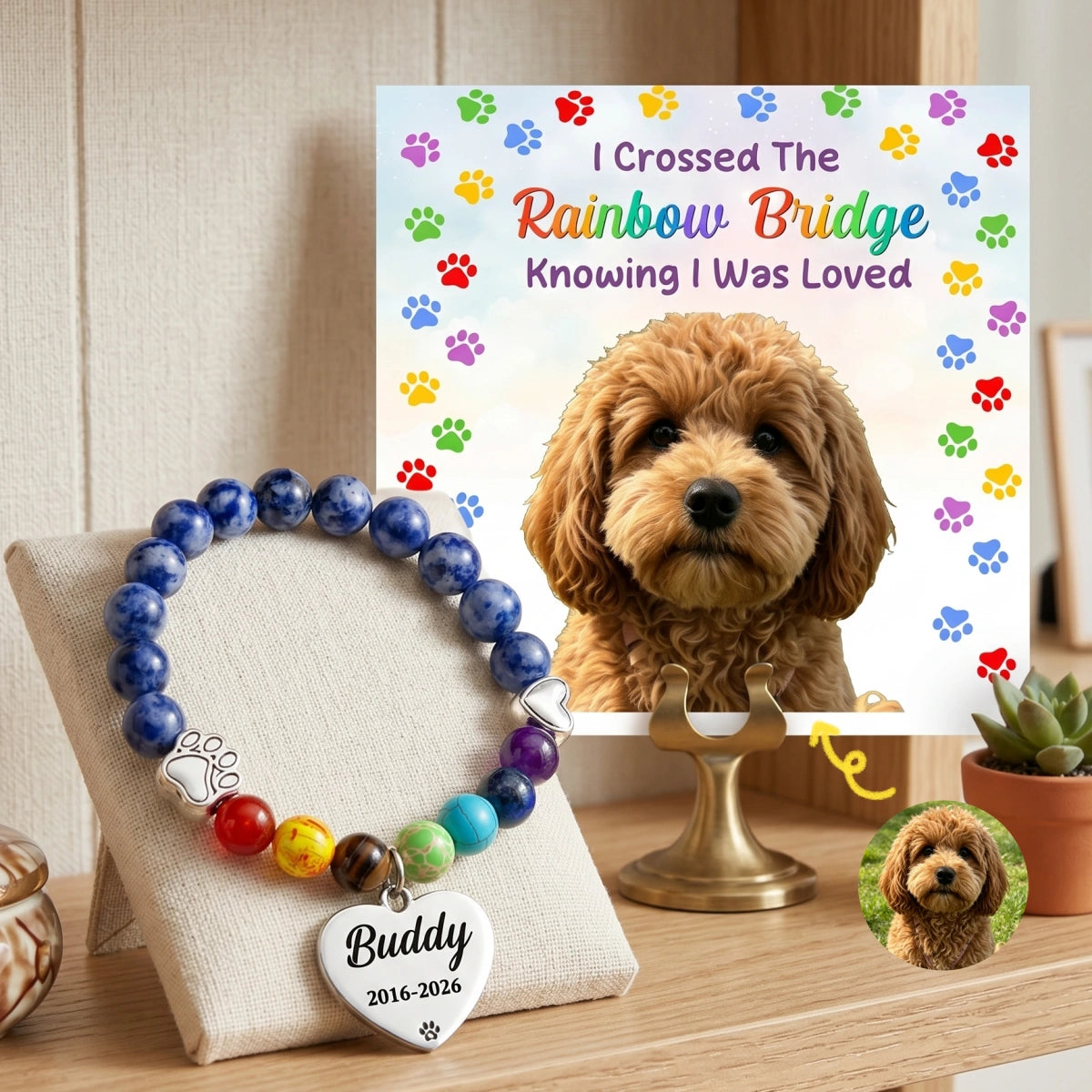 Custom Name & Photo Rainbow Bridge Pet Memorial Bracelet | Dog Cat Loss Sympathy Gift With Card