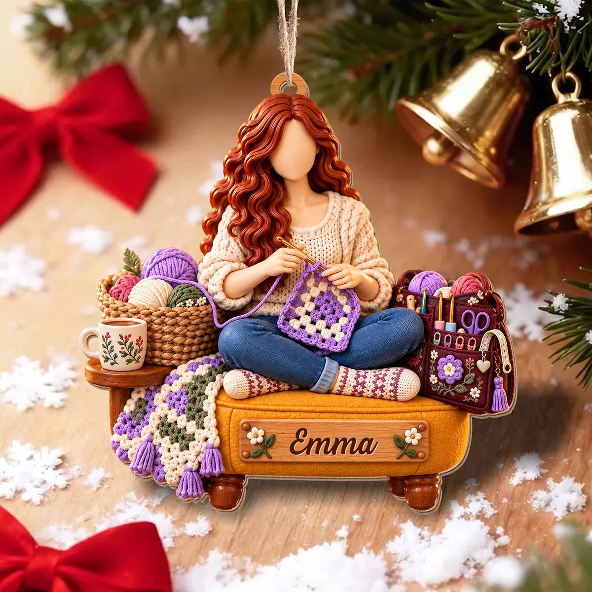 Personalized Crochet Girl Wood Ornament | Custom Christmas Gift for Crafters Crocheter Knitting Lover