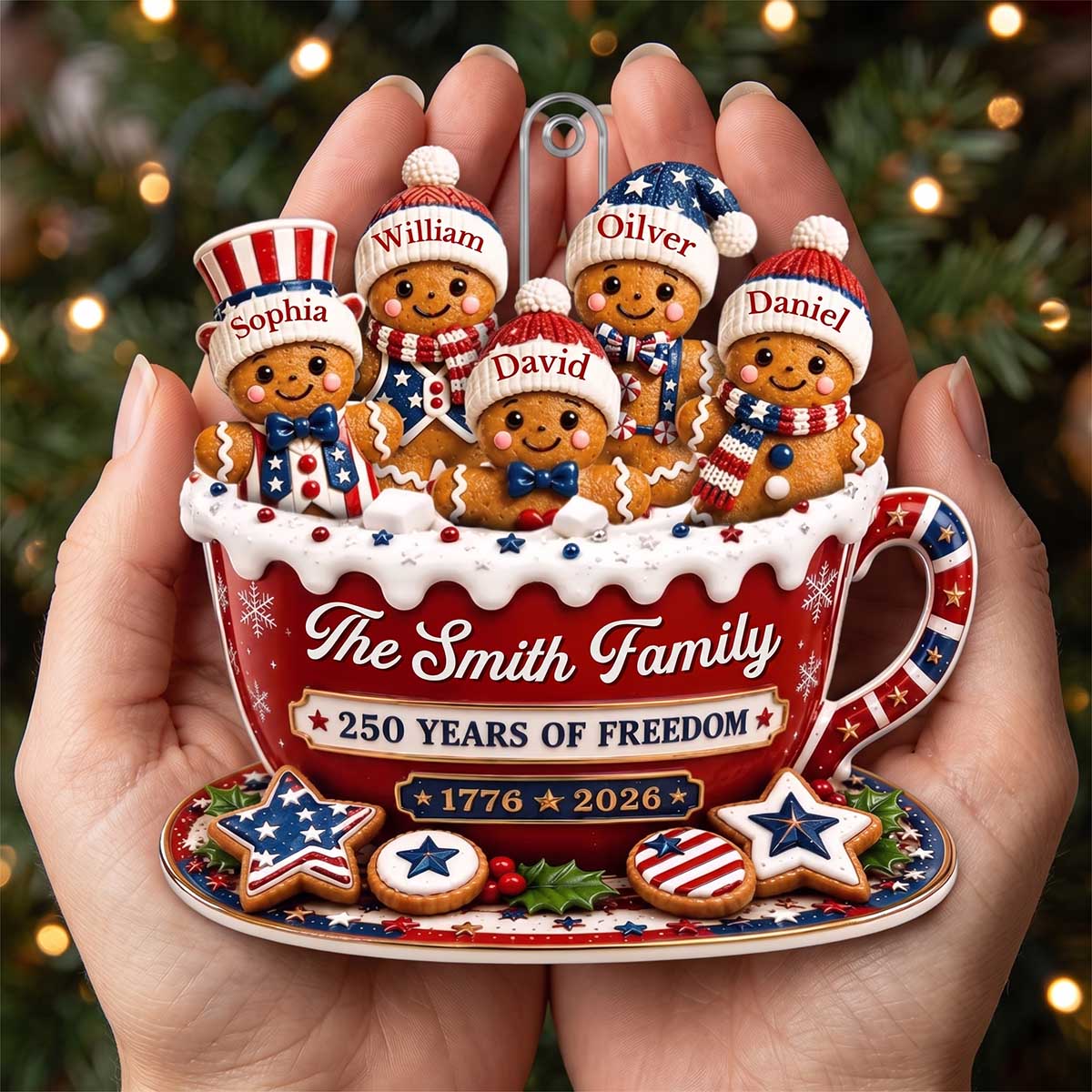 Personalized USA 250th Anniversary Gingerbread Family Cup Acrylic Ornament | Christmas Gifts For Family