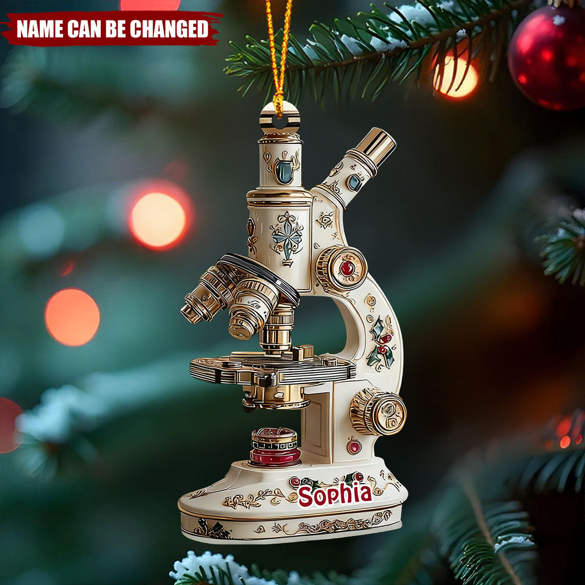 Personalized 3D Effect Vintage Microscope Ornament With Name | Detailed Science Christmas Decor | Unique Xmas Gift For Scientist Lab Technician