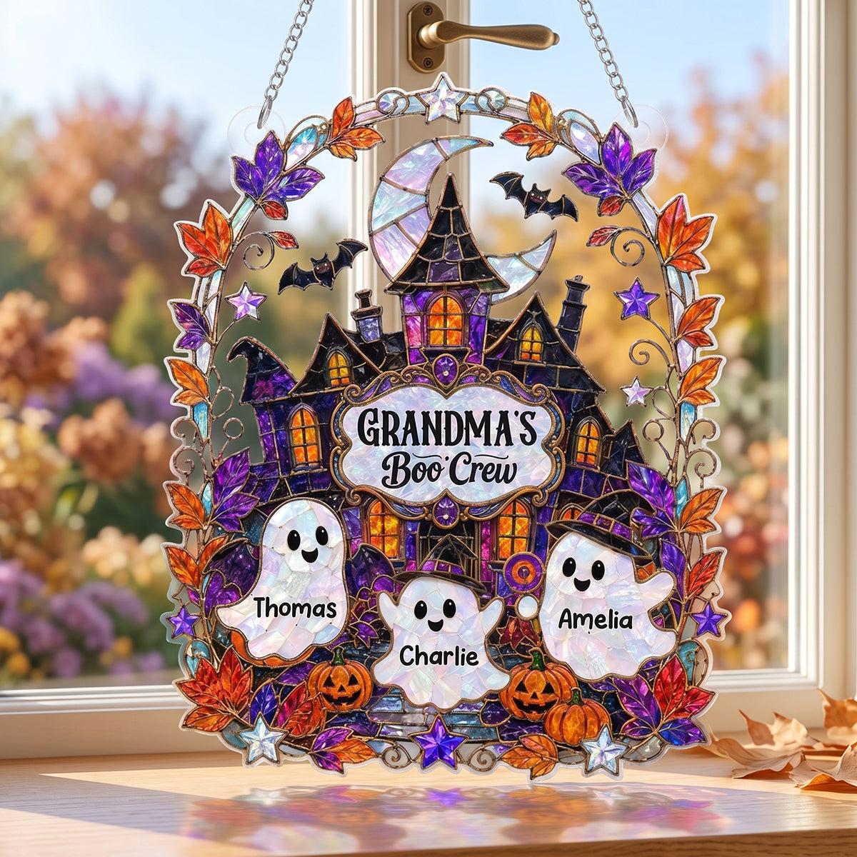 Personalized Acrylic Suncatcher Ornament | Grandma's Boo Crew Halloween Window Decor