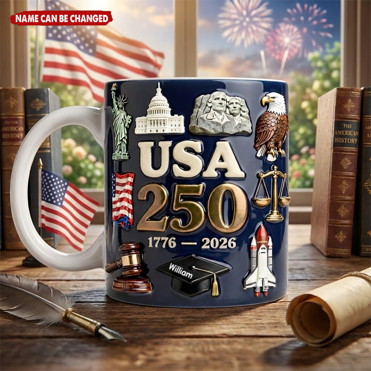 Personalized 3D Effect USA 250th Coffee Mug | Custom Name Patriotic Gift For 2026, 4th of July, History Lovers