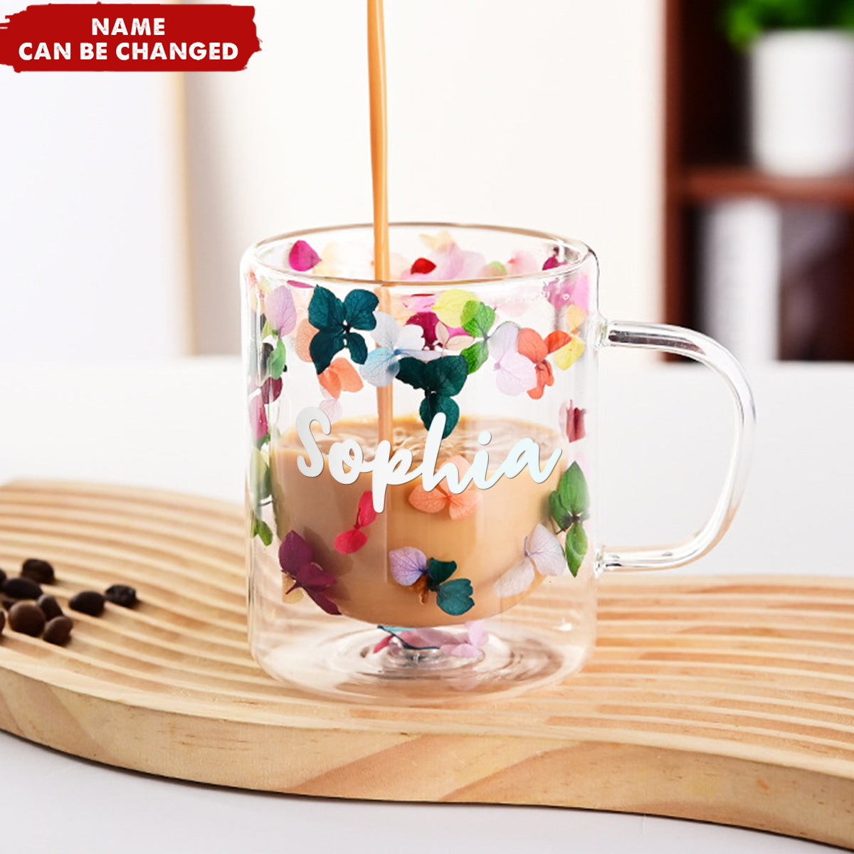 Insulated Layer Dried Flowers Double Wall Glass Personalized Coffee Mugs