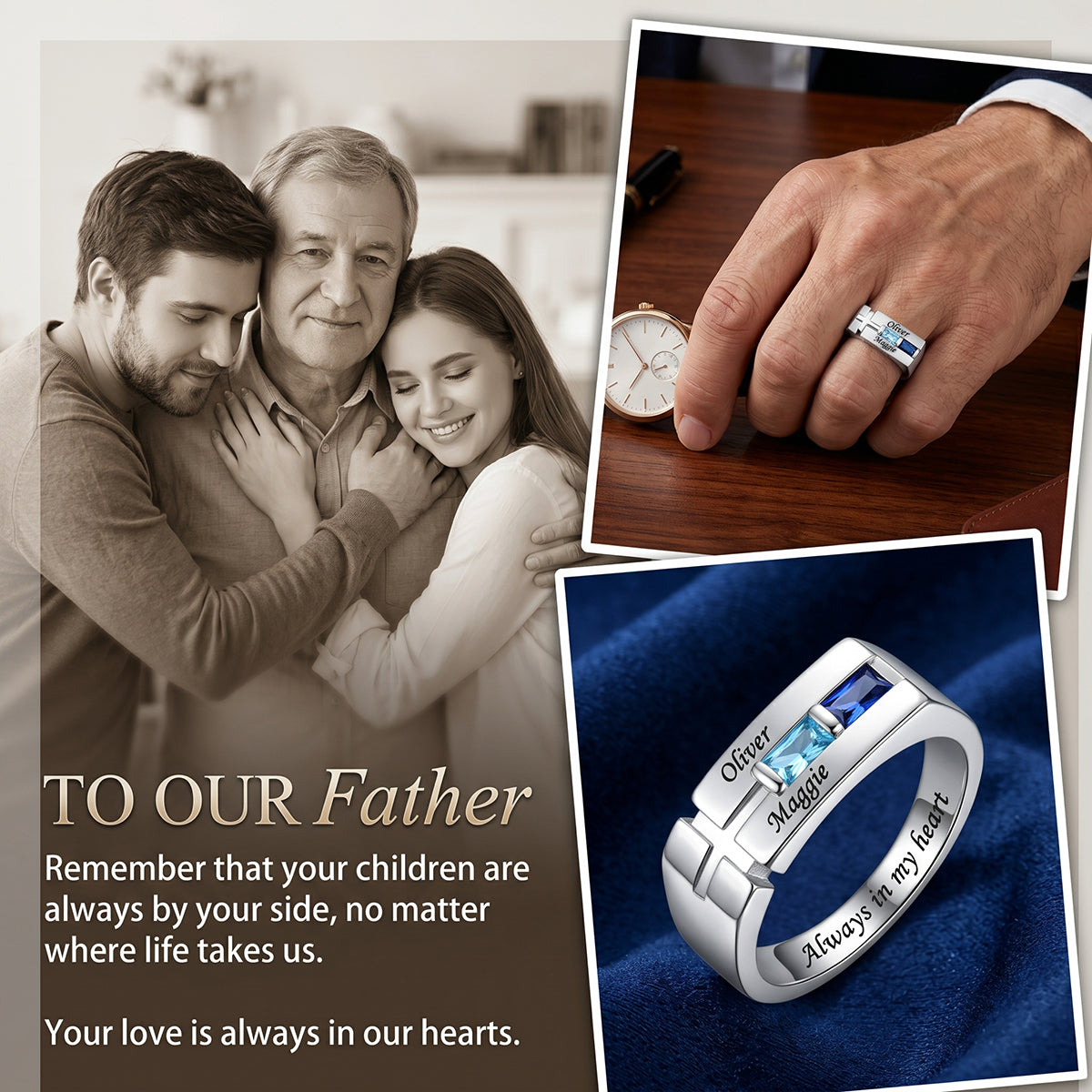 Personalized Cross Promise Ring With Names & Birthstones | Father's Day Birthday Gift For Dad Grandpa
