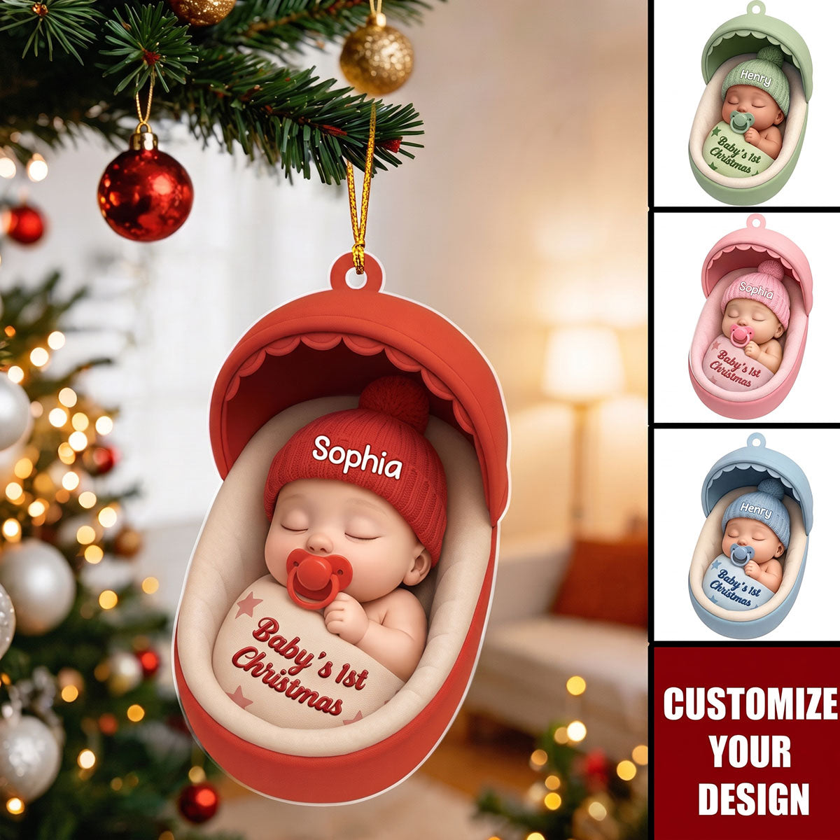 Personalized Baby's 1st Christmas Acrylic Ornament - Sleeping Baby Newborn Keepsake Gift For Family
