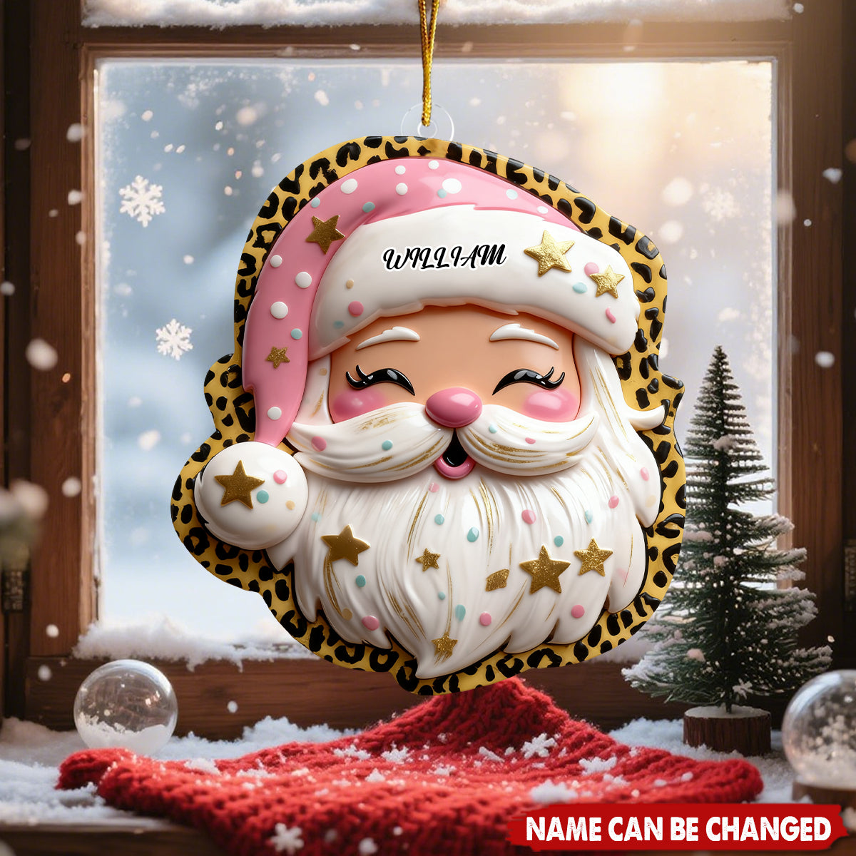 Personalized Cute Pink Leopard Preppy Santa Ornament With Name Exclusive Christmas Magic For Him For Her