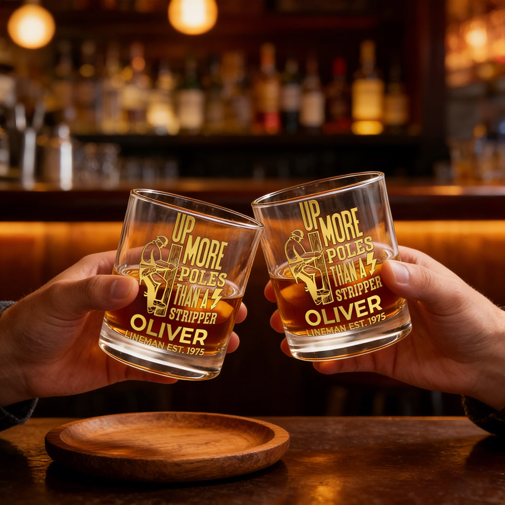 Personalized "Up More Poles Than A Stripper" Heavy Base Whiskey Glass With Name & Year - Father’s Day Gift For Electrical Workers