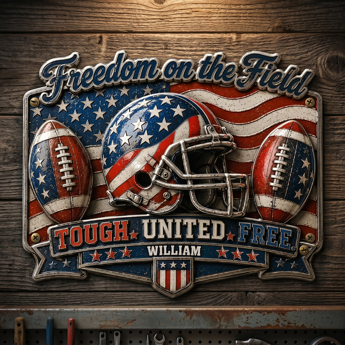 Personalized "Play For Freedom" Football Metal Sign | America 250th Decor Gift