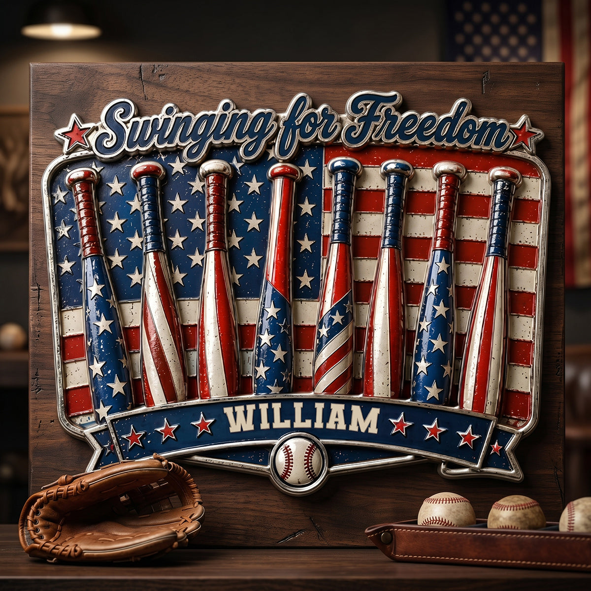 Personalized Play For Freedom Baseball Metal Sign | America 250th Decor Gift