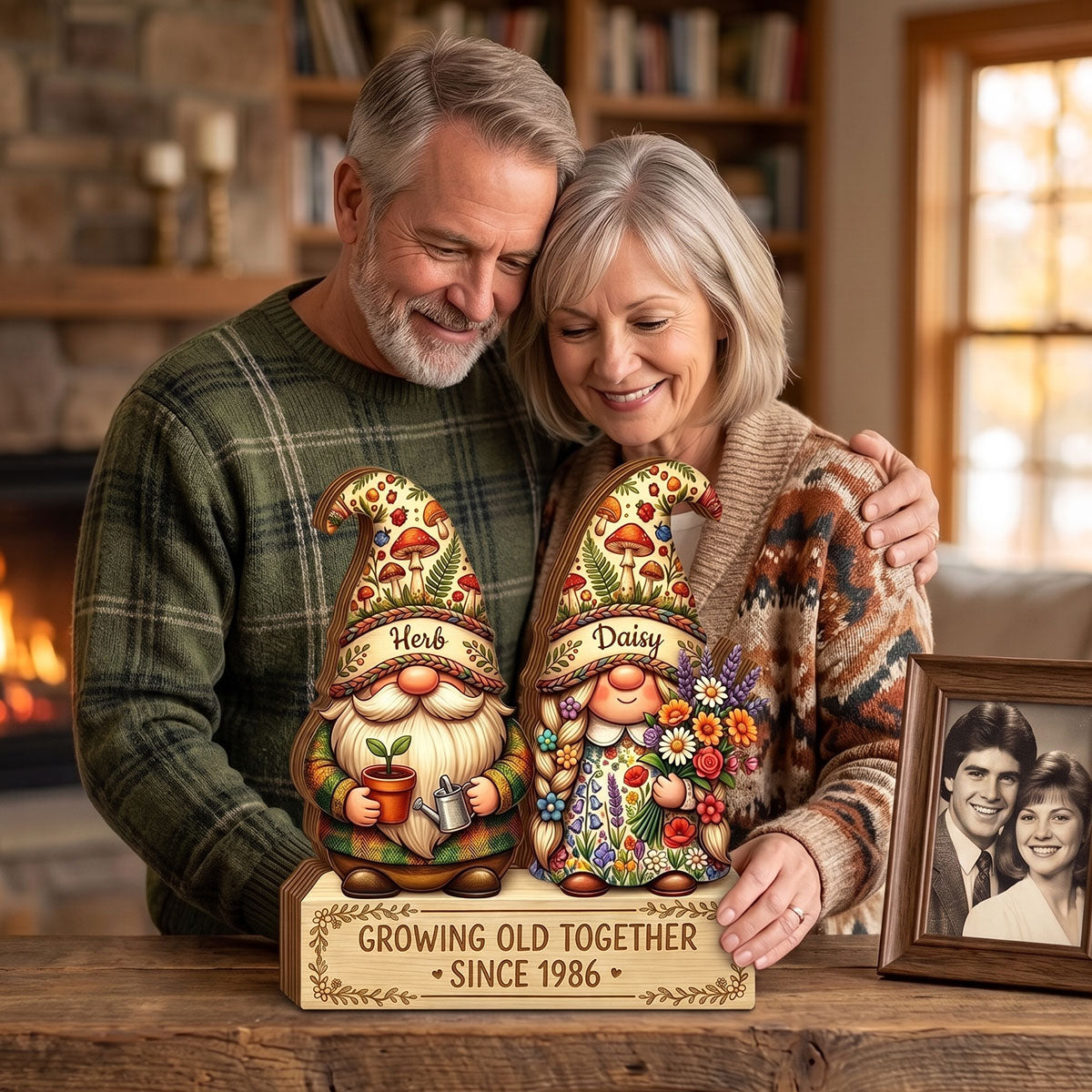 "Growing Old Together" Personalized Wooden Block - Anniversary Gift For Couples Grandparents