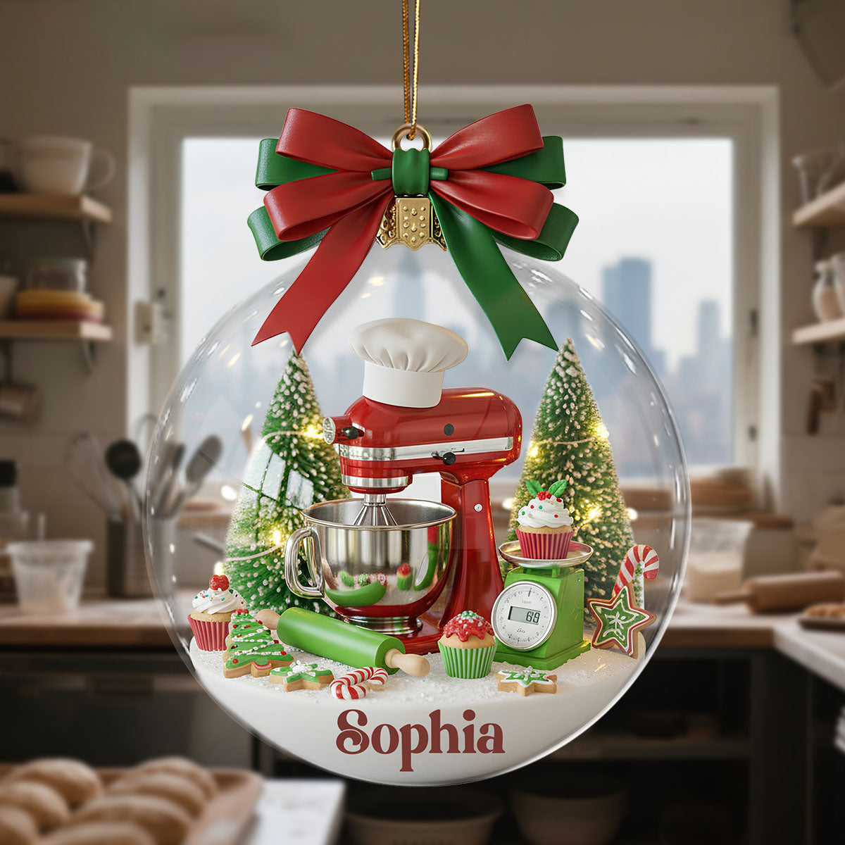 Personalized Stand Mixer Christmas Ornament With Name on Miniature Baking Scene Best Gift For Baking Lovers