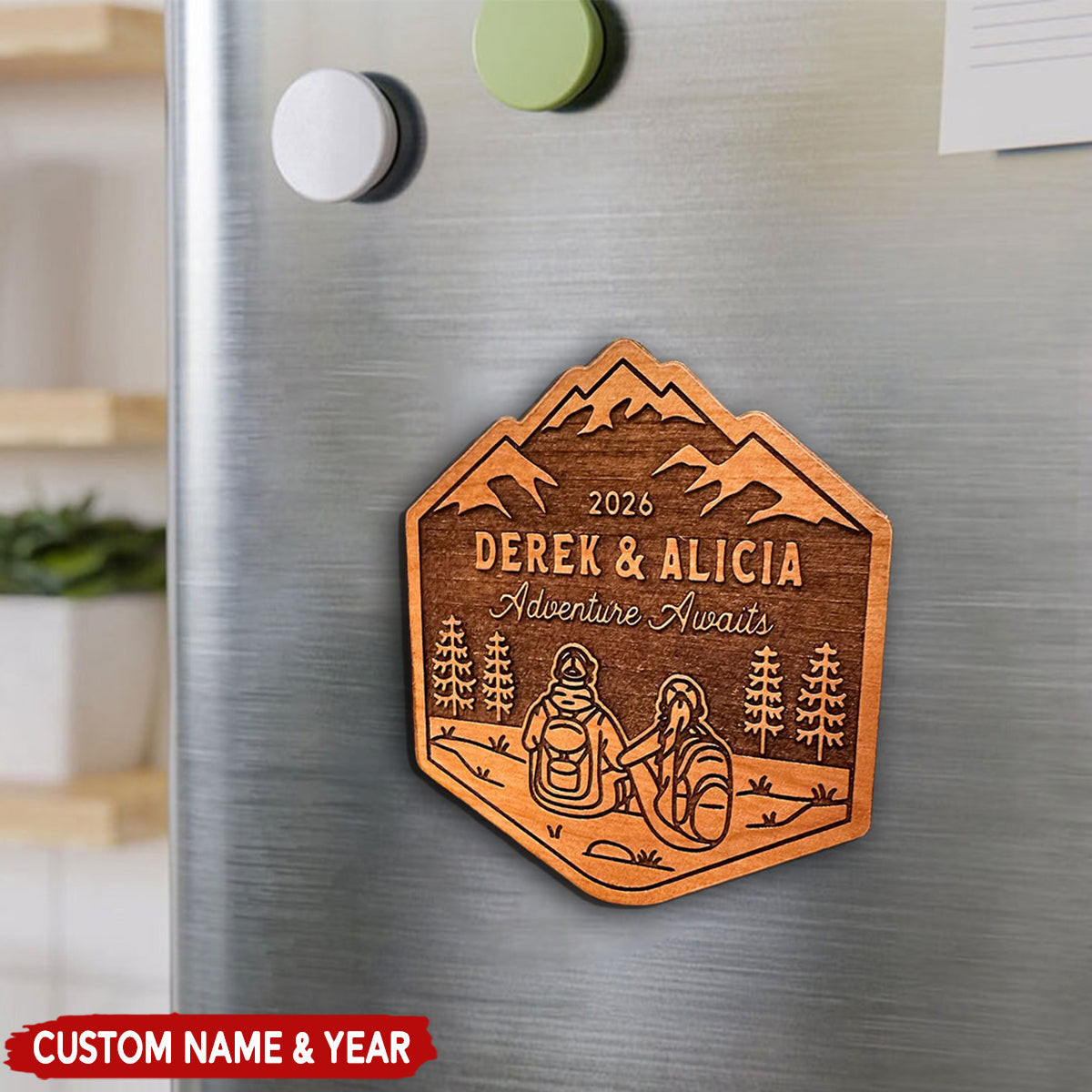 Hiking Couple Adventure Awaits Personalized Wooden Magnet Decal, Gift For Backpackers Camper