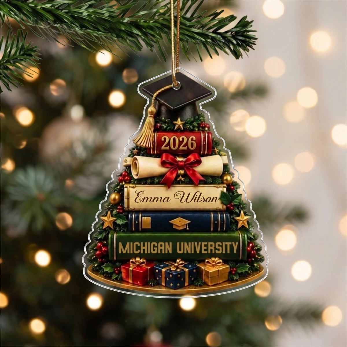 Personalized Graduation Cap With Books Christmas Ornament -  Class Of 2026 Gift