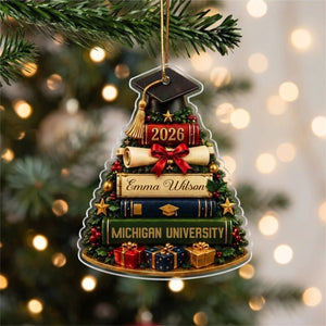 Personalized Graduation Cap With Books Christmas Ornament -  Class Of 2026 Gift