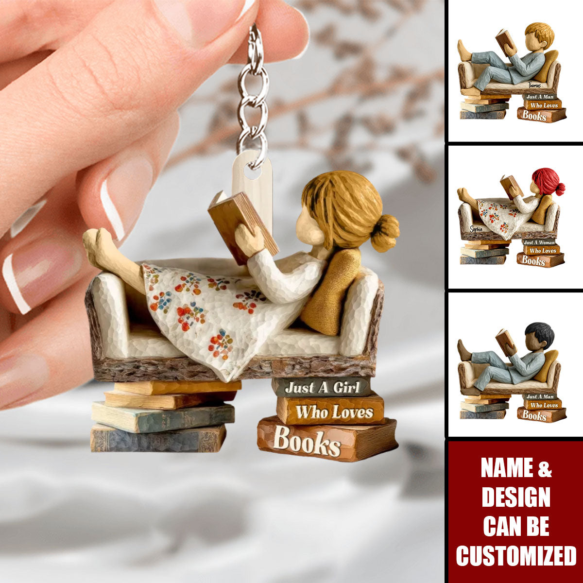 Personalized 3D Effect "Just A Girl / Boy Who Loves Books" Miniature Reading Keychain With Name & Icon - Birthday Surprise For Book Lovers