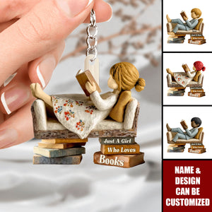 Personalized 3D Effect "Just A Girl / Boy Who Loves Books" Miniature Reading Keychain With Name & Icon - Birthday Surprise For Book Lovers