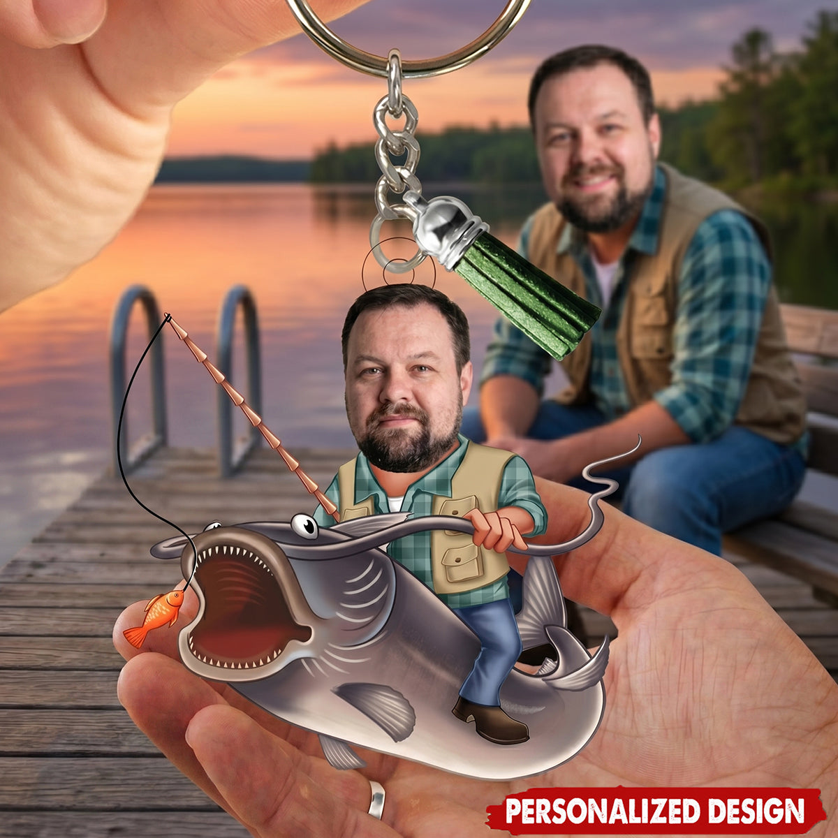 Personalized Face Photo Fishing Design Acrylic Keychain With Tassel | Father's Day Gift For Dad Grandpa