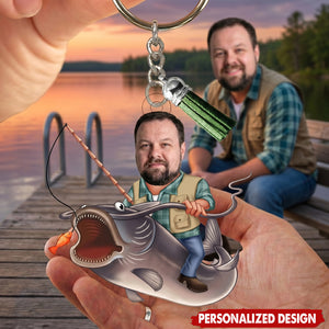 Personalized Face Photo Fishing Design Acrylic Keychain With Tassel | Father's Day Gift For Dad Grandpa