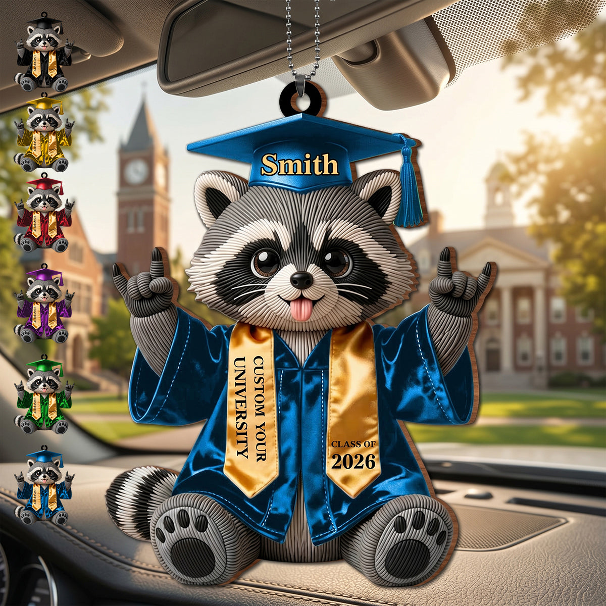 Personalized Class of Graduate Raccoon Wood Car Ornament | Gift For Graduates