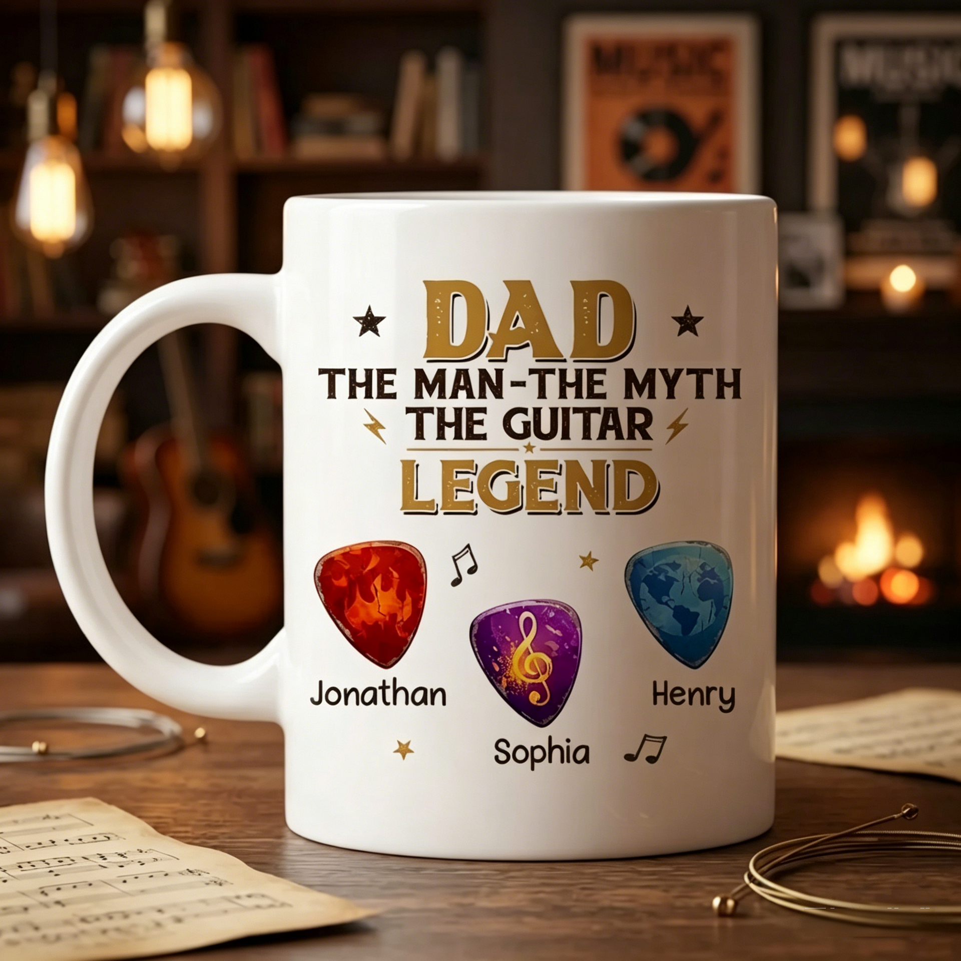 Personalized Guitar Pick Ceramic Mug With 1-6 Kids Names - Father's Day Gift For Guitar Player Dad