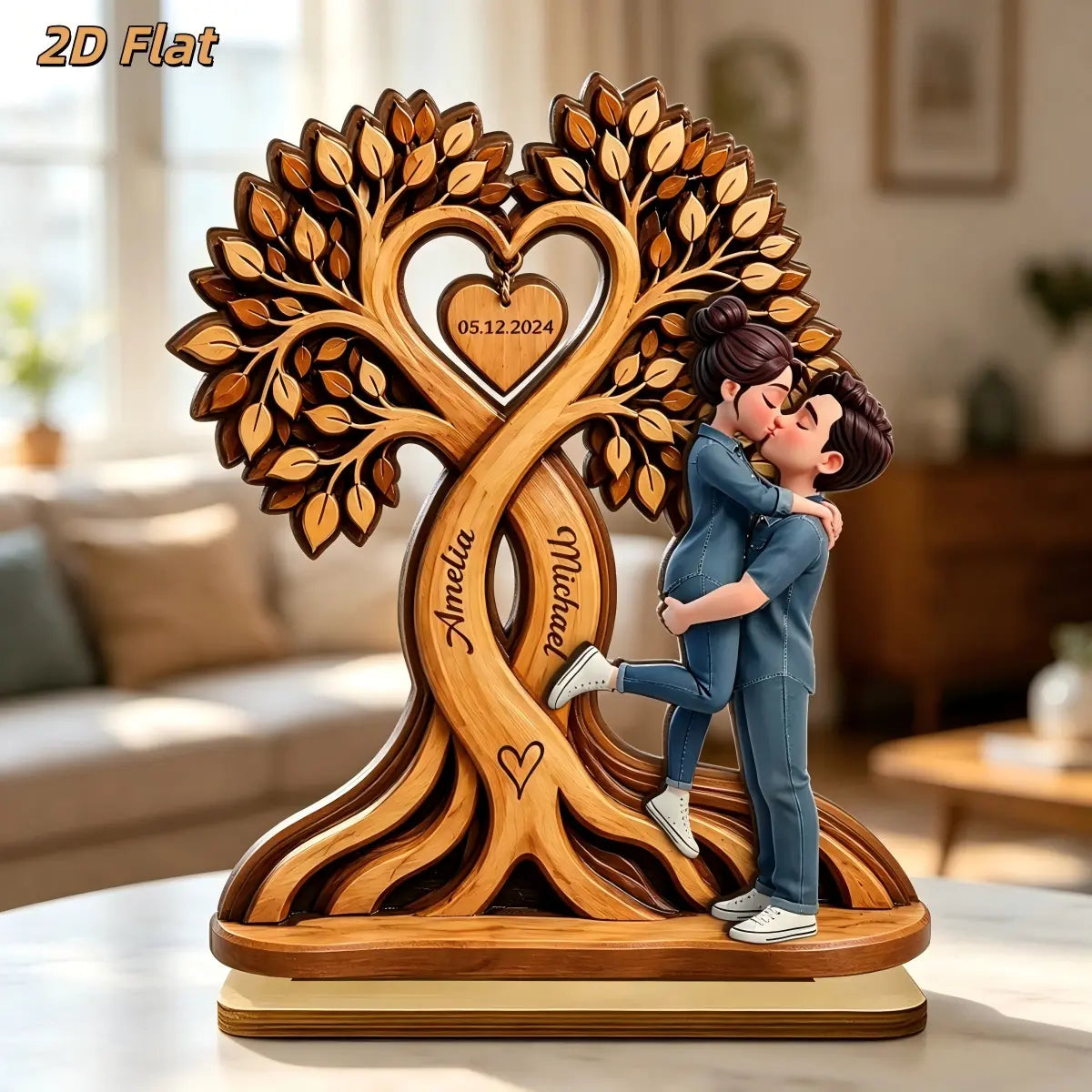 Custom Name & Date Wooden Plaque Heart Tree - Wedding Anniversary Gift for Couples