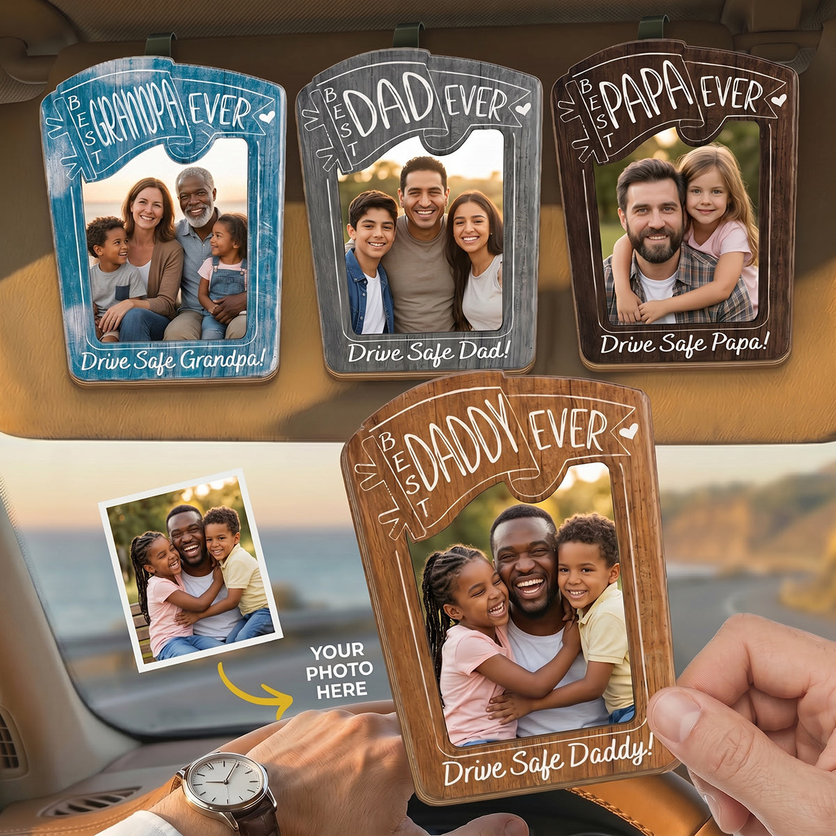 Personalized Photo Car Visor Clip - Father's Day Birthday Gifts For Dad, Grandpa - Smooth Roads & Drive Safe