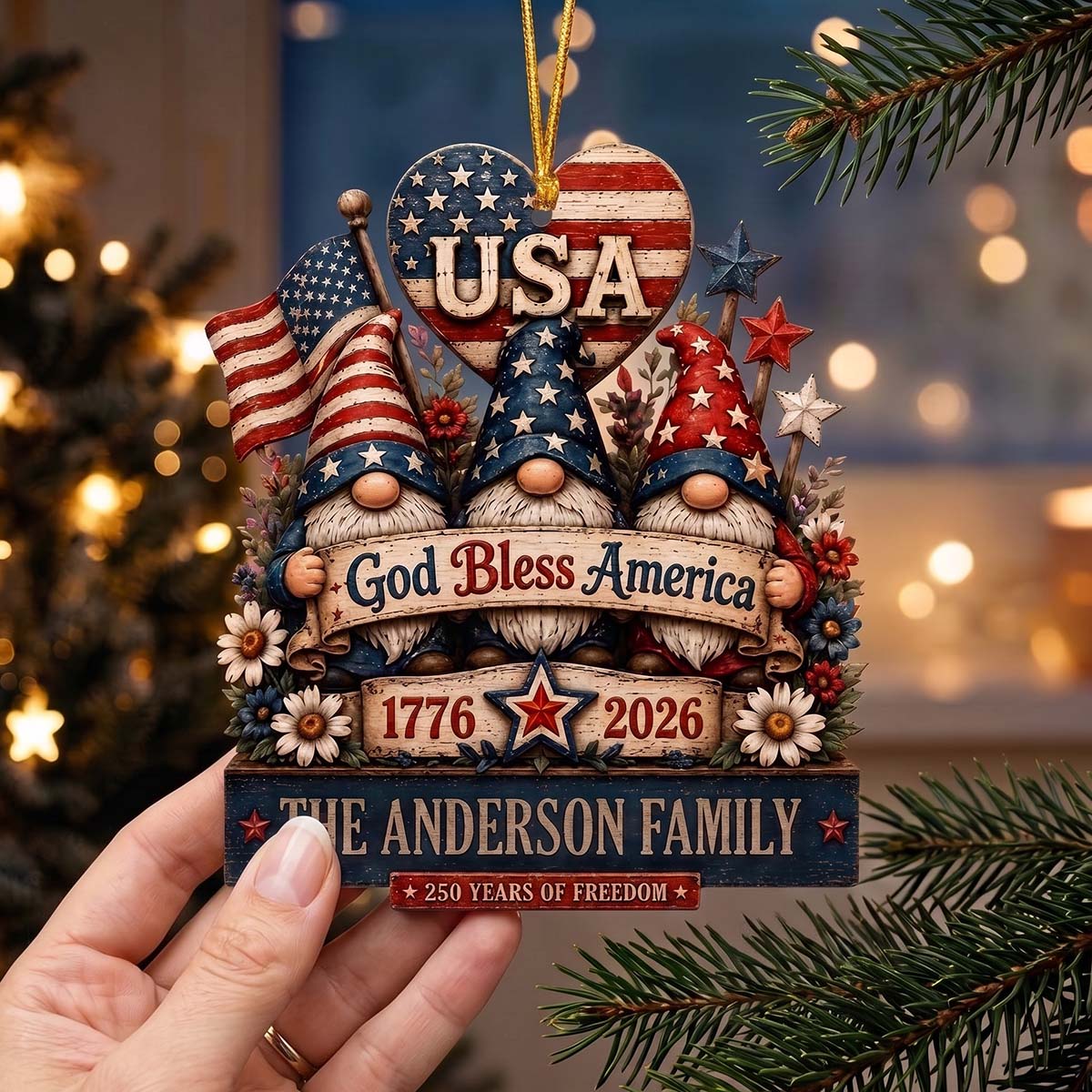 Personalized Patriotic Gnomes Wooden Ornament | Best Christmas Family Gift